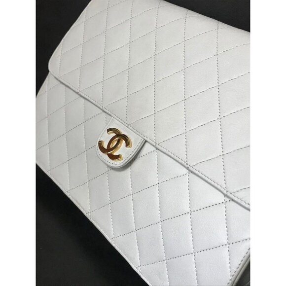 CHANEL Classic Single Flap Bag Quilted Matelasse Lambskin White Purse Vintage - Picture 13 of 16